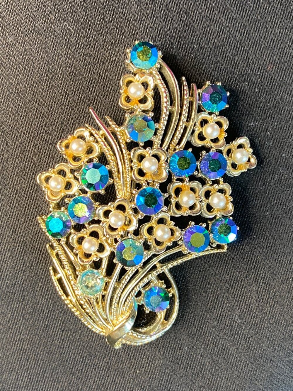 Vintage Coro Blue Aurora Borealis Rhinestone Floral Bouquet Gold-tone Brooch